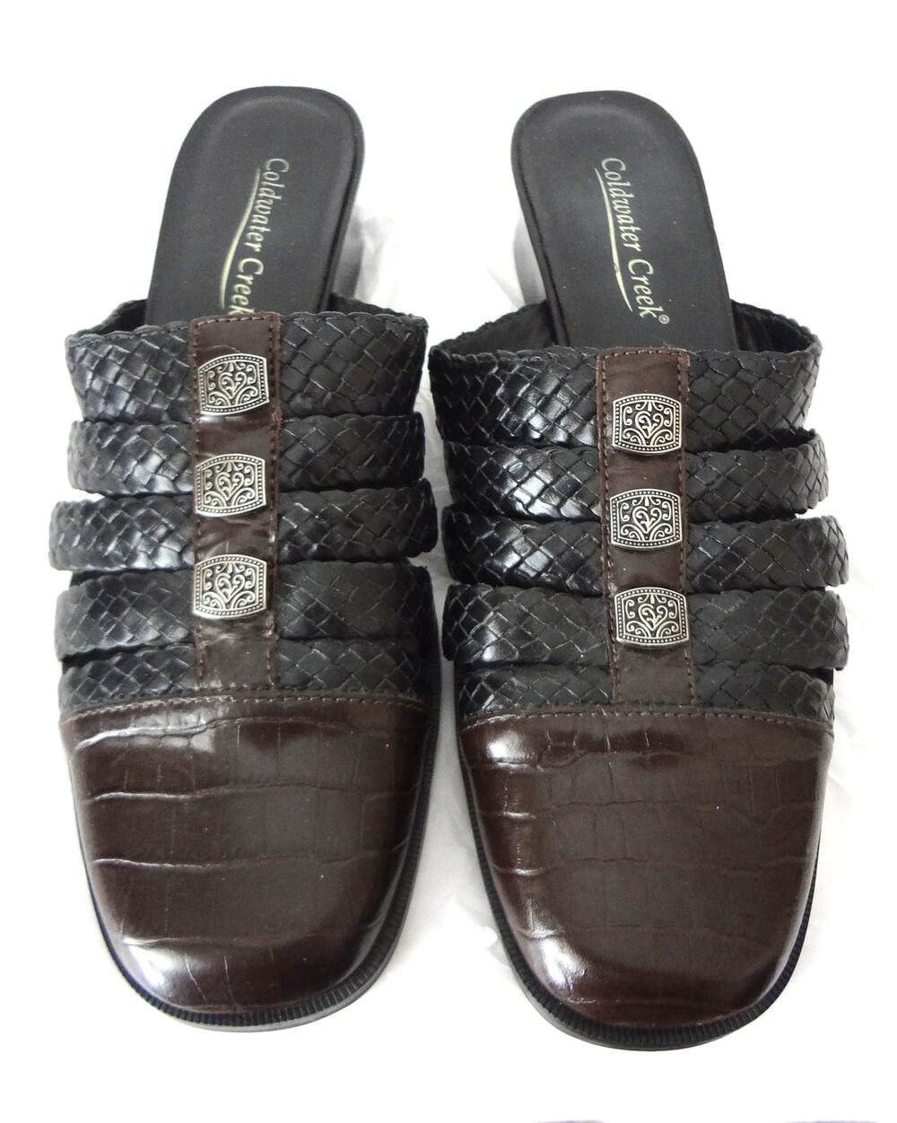 Coldwater Creek Brown Mules 9 Woven Leather Charms Low Block Heel Croc Embossed